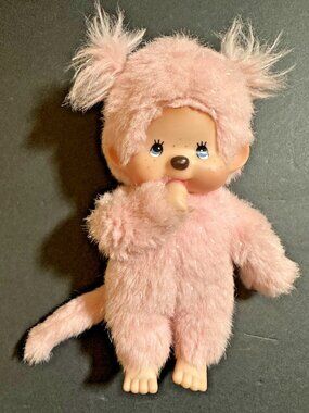 Pink sparkly glitter Monchhichi Mee Girls Kiki Rose pearls VTG plush Sekiguchi